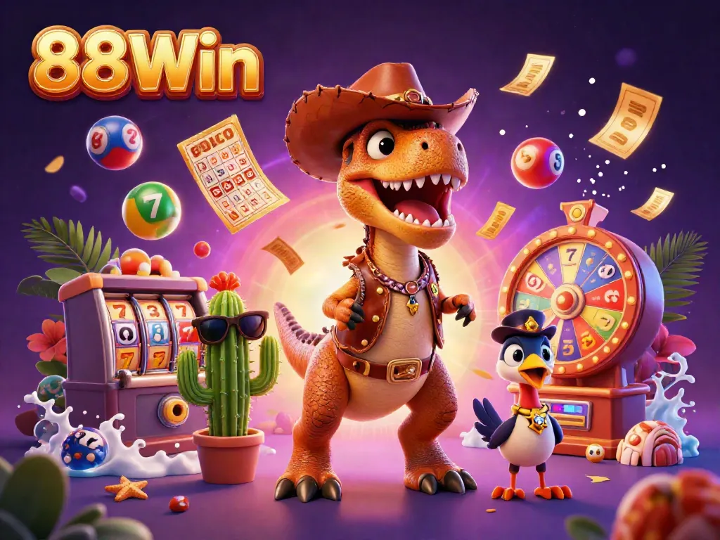Experience the thrill of 88Win casino with colorful slots, T-Rex, and vibrant game elements.