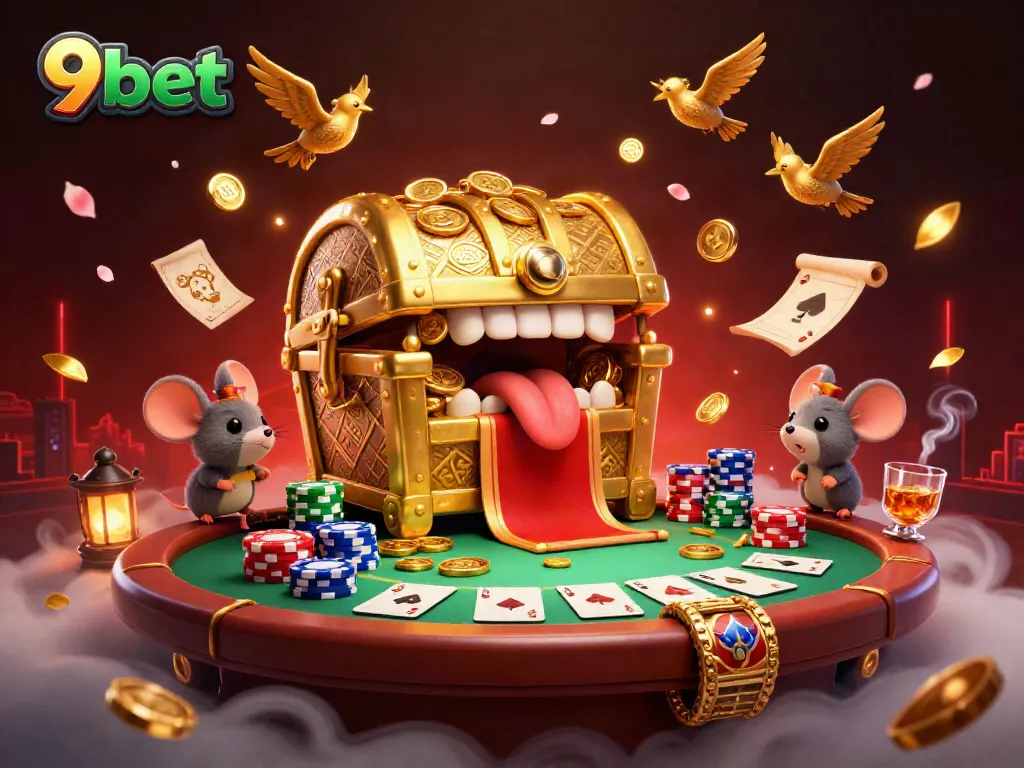 Engage with 9bet's vibrant casino scene featuring poker chips and golden treasures