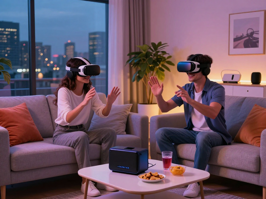 Couple experiencing ai sex in a virtual reality setting, showcasing modern digital relationships.