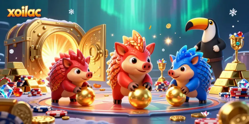 Experience exciting gameplay with xoilac's vibrant pangolin champions amid poker chips and treasure.