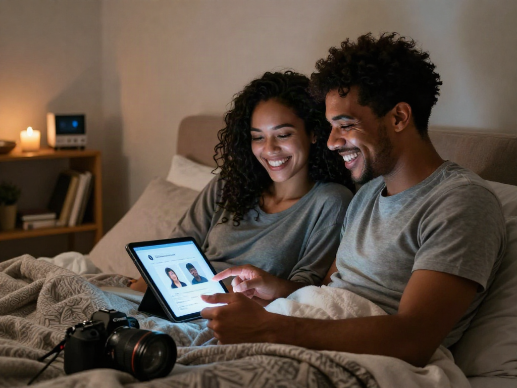 Couple using an AI sex app to enhance intimacy in a cozy, romantic setting