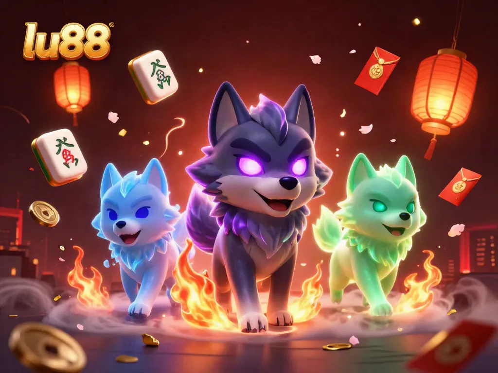 Engage in thrilling gaming at lu88 with ghostly wolves and vibrant casino elements surrounding them.