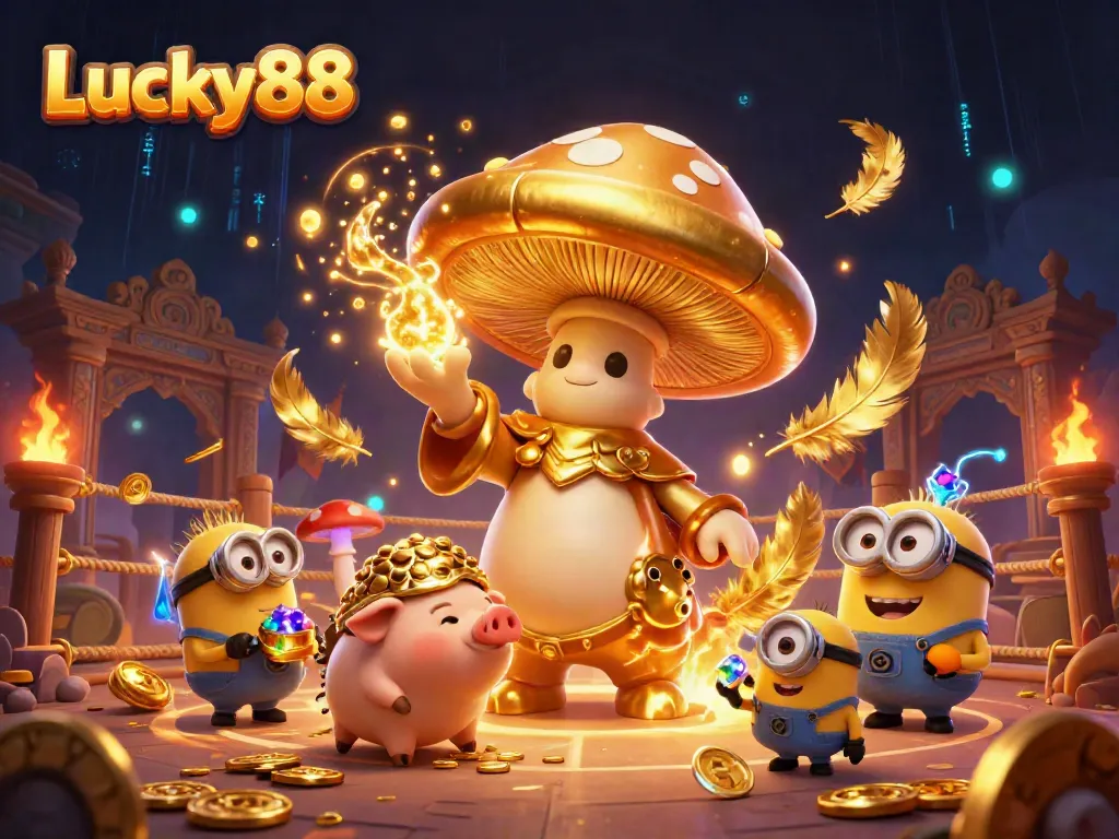 Experience the thrilling magic of Lucky88 with a wizard and treasure-hunting pig in a dynamic casino scene.