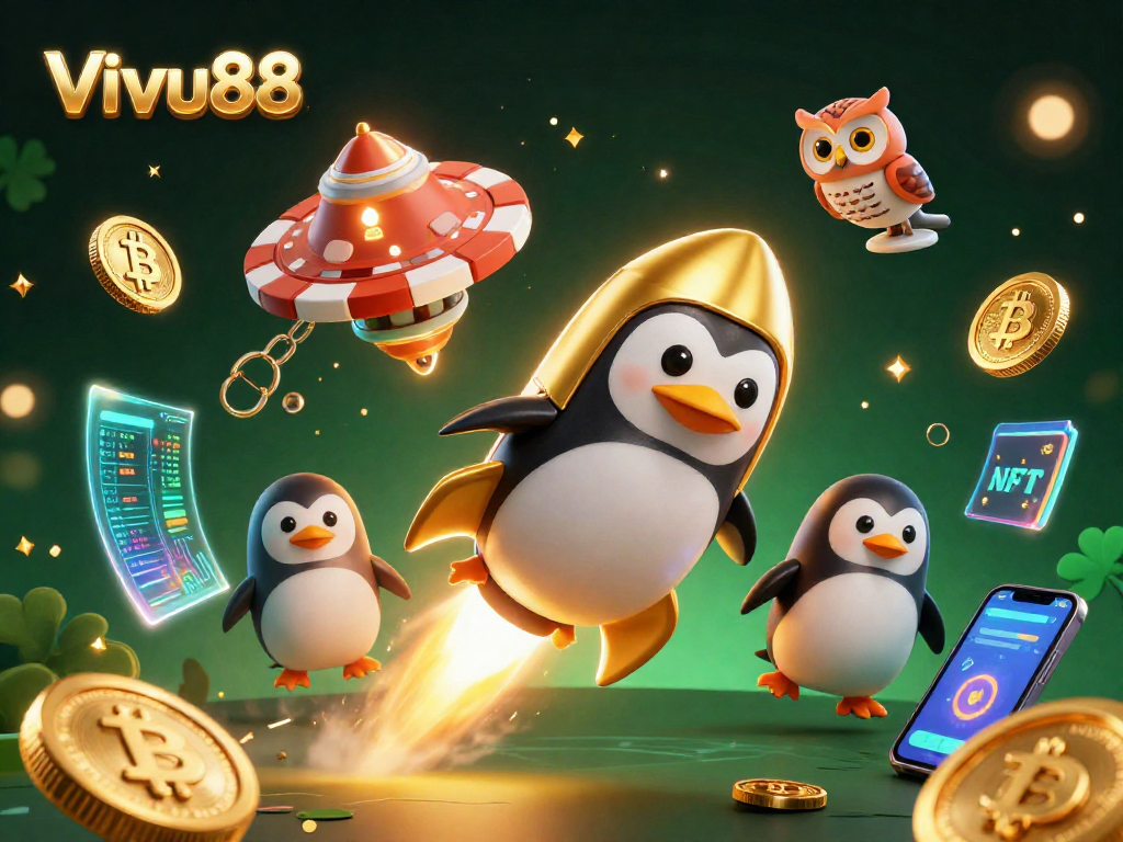 Experience thrilling gaming at Vivu88 with a golden penguin launching into a vibrant casino universe.