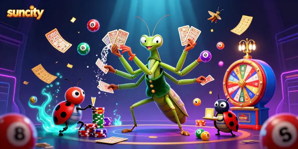 Suncity casino scene with a praying mantis dealer, lotteries, and vibrant game elements.