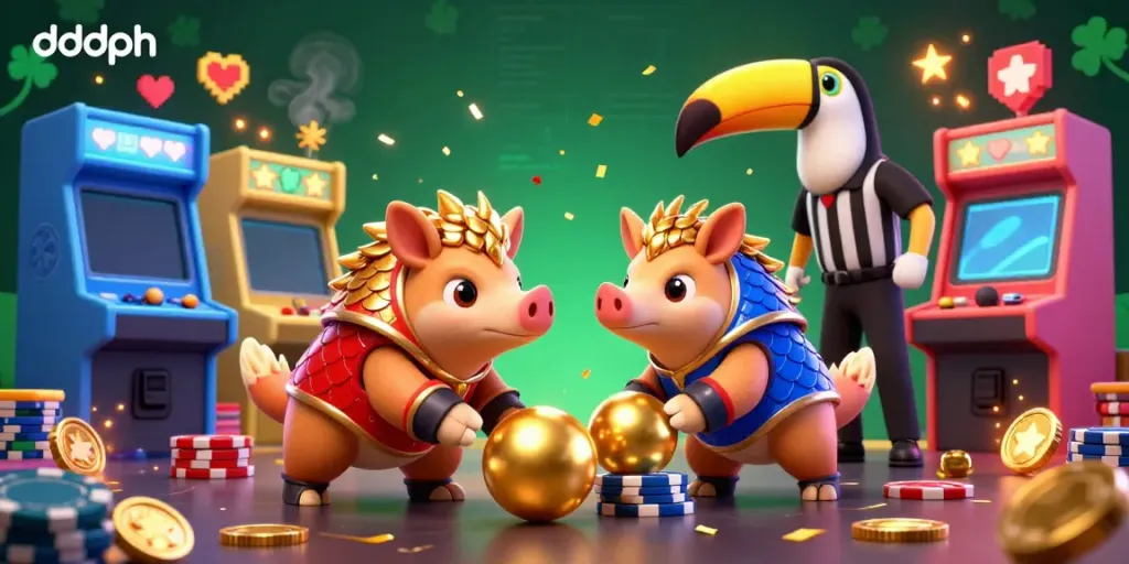 Bowling pangolins in red and blue armor roll gold balls through poker chips for dddph.