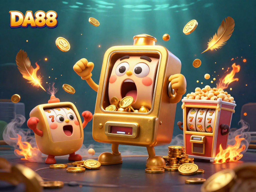 DA88's stunning slot machine hits jackpot with coins pouring out, captivating gambling scene