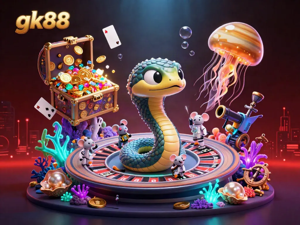 Gamble with gk88 at a cosmic roulette table featuring vibrant characters and treasures.