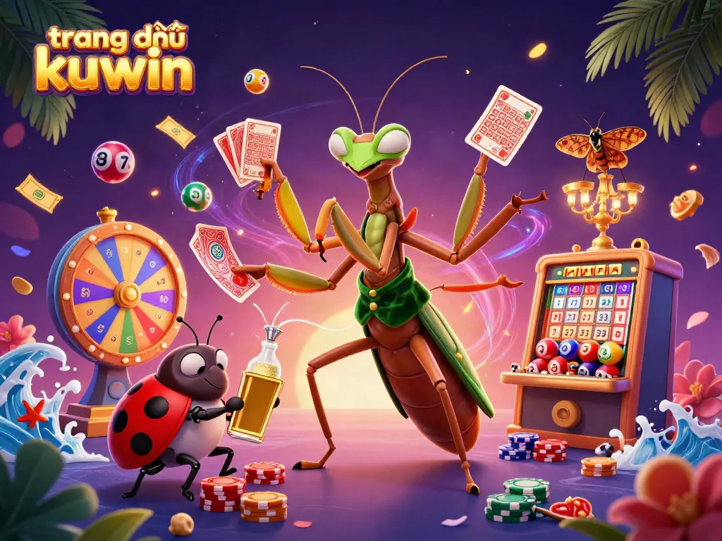 Experience the excitement of trang chủ kuwin with a vibrant 3D casino scene featuring colorful lottery symbols.