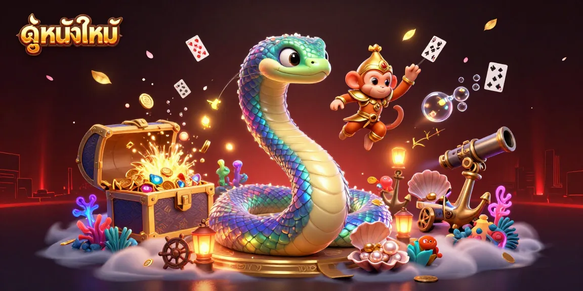 Engage with ดูหนังใหม่ in a dynamic 3D casino-themed scene filled with vibrant characters and elements.