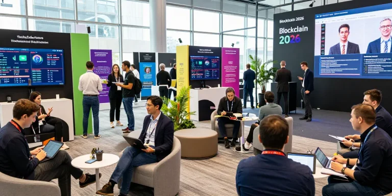 Attendees engaging at a vibrant blockchain 2026 conference showcasing innovations and networking opportunities.