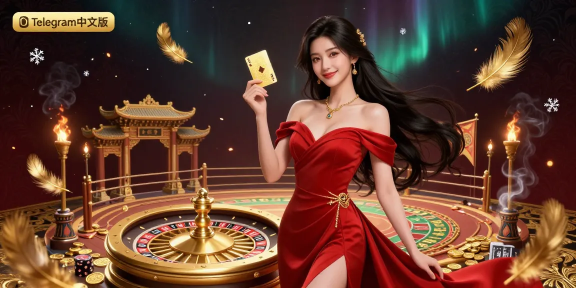 在动态的赌场场景中与Telegram中文版互动，一位自信的女性在轮盘旁拿着一张扑克牌。
