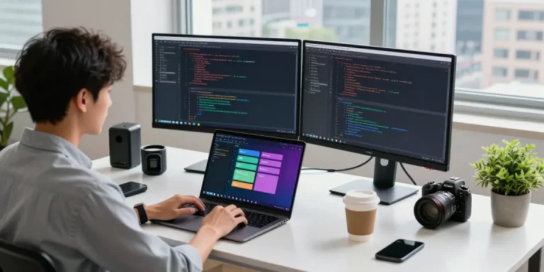 Focused developer using coding software for WhatsApp下載 in a modern workspace with tech gadgets.