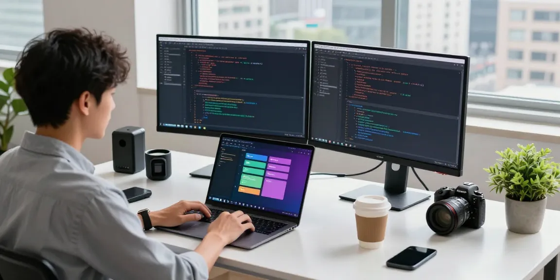 Focused developer using coding software for WhatsApp下載 in a modern workspace with tech gadgets.