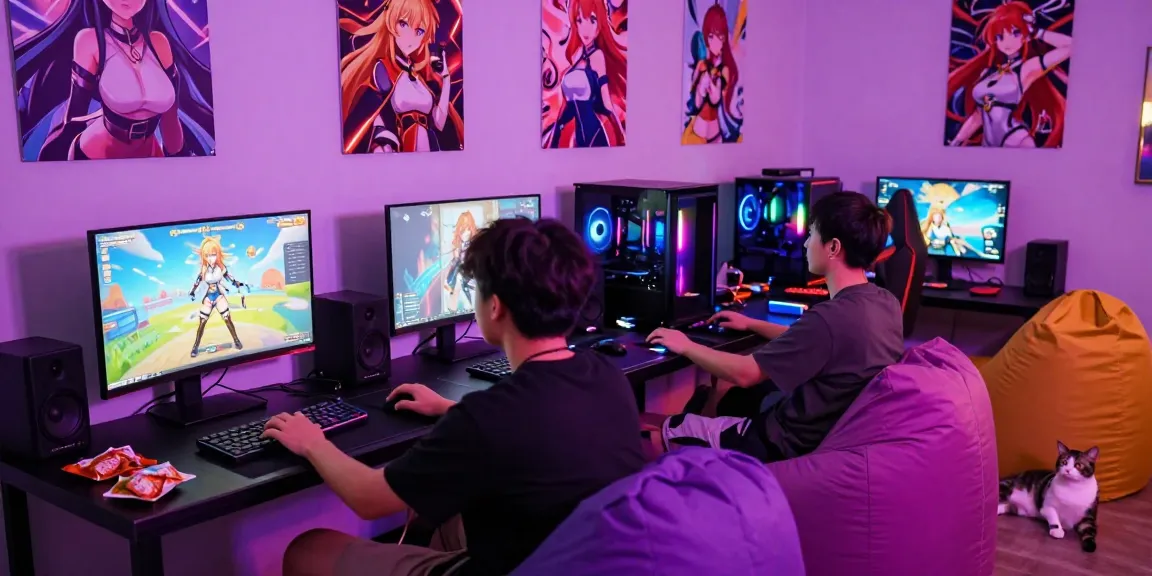 Person playing femboy hentai games in a colorful gaming lounge.