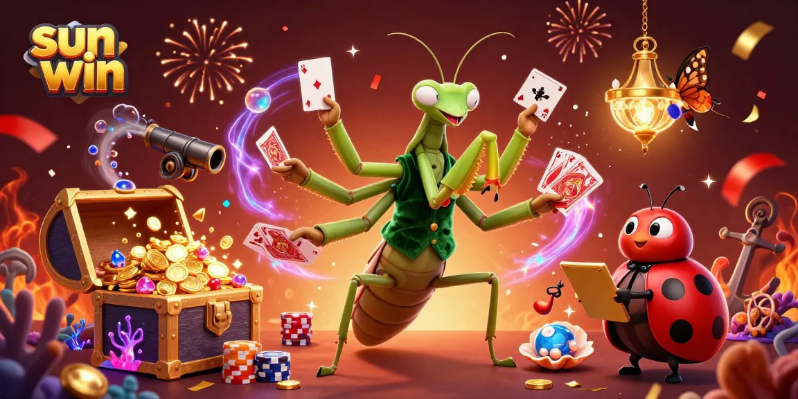 Win exciting games at sun win, featuring a 3D mantis dealer and vibrant casino elements.