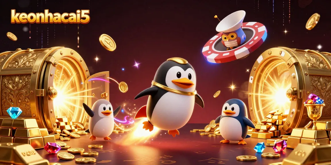 Join the adventure of keonhacai5 with golden penguin and casino treasures in space.