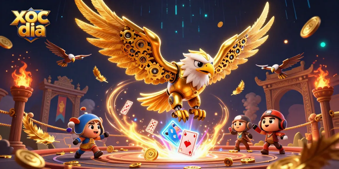 Xoc dia brings thrilling excitement with holographic cards, golden elements, and dynamic action.