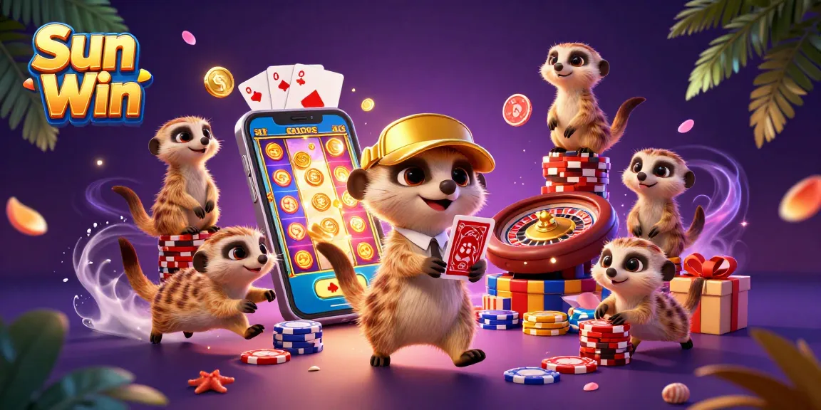 Experience excitement at Sun Win Casino with meerkats managing games, colorful slots, and golden chips.
