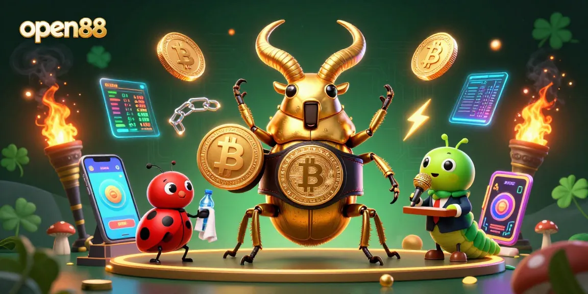 Experience the excitement of open88 with glowing 3D crypto coins and dynamic casino elements.