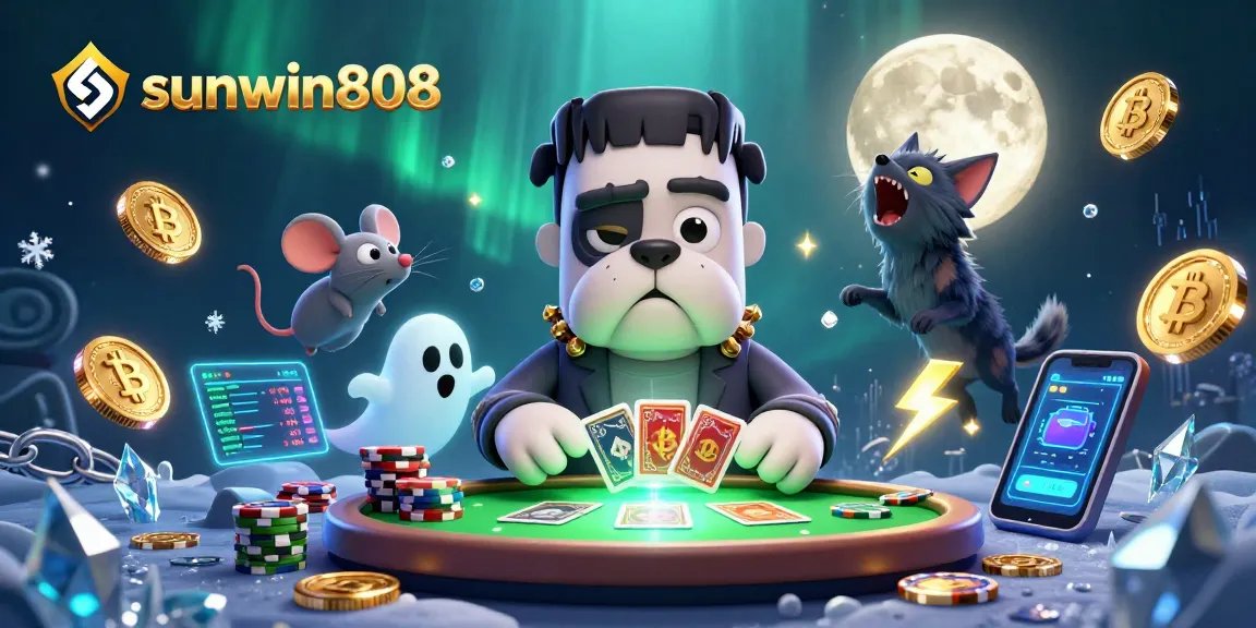 Engage in thrilling gameplay at sunwin808 with a dynamic 3D casino scene featuring a Frankenstein bulldog monster.