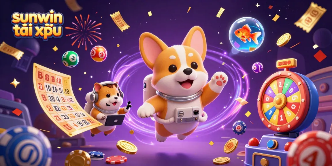 Engage with sunwin tài xỉu through a vibrant casino-themed illustration featuring a floating corgi and colorful game elements.