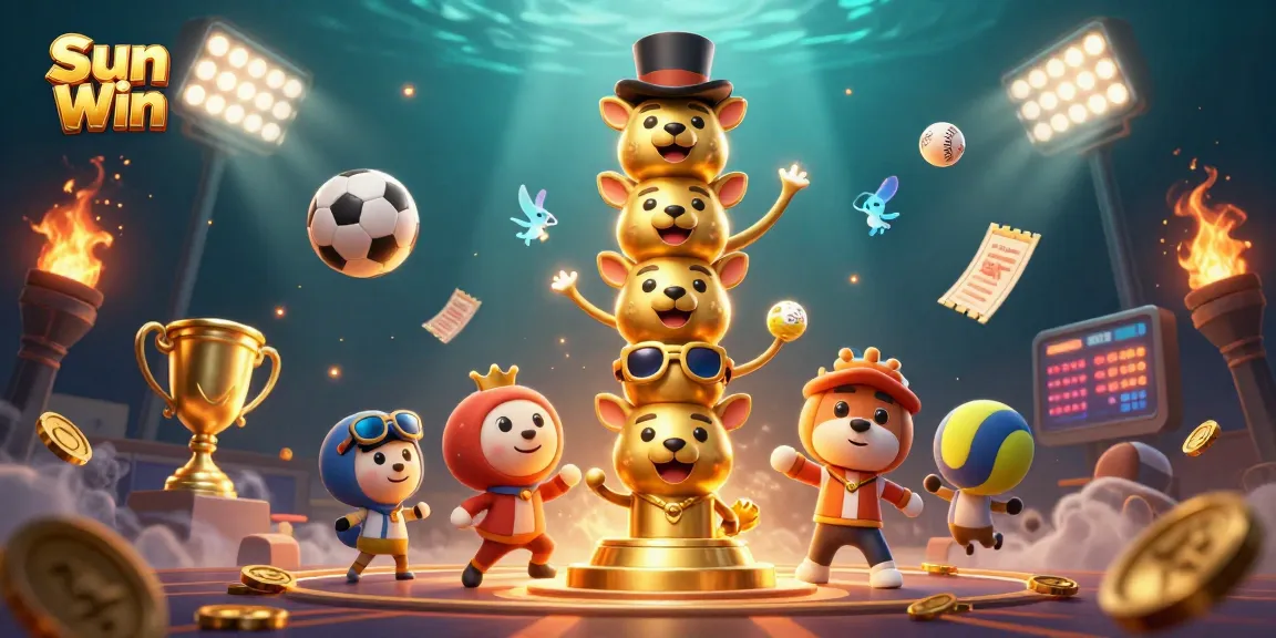 Engage in thrilling bets with Sun Win as animated faces showcase casino elements in a vibrant setting.