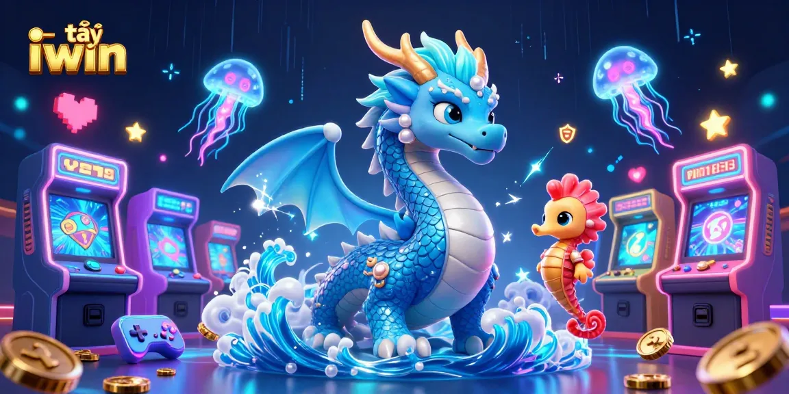 Tải iwin and enjoy thrilling gaming with a vibrant illustration of exciting characters and arcade machines.