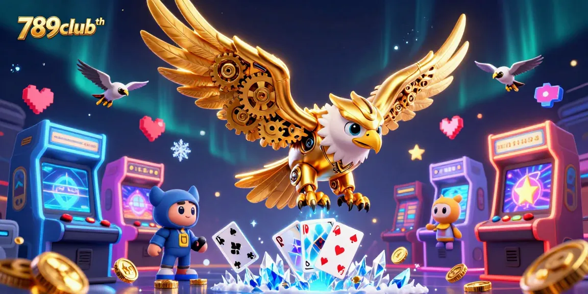 A vibrant illustration of 789clubth showcasing a cybernetic eagle diving through holographic cards, symbolizing thrilling online gaming.
