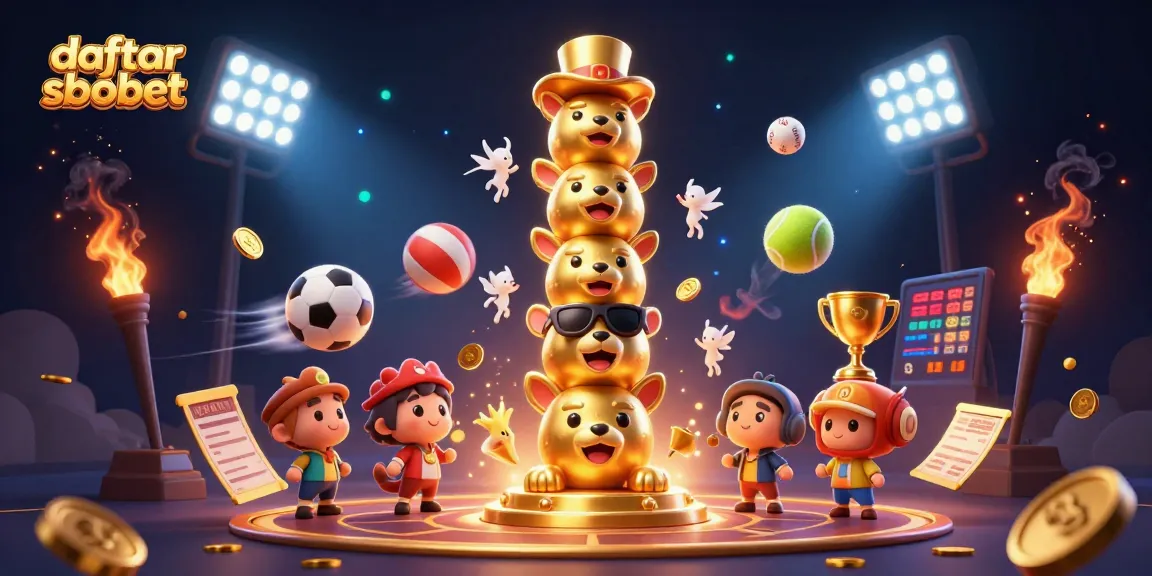 Engage in daftar sbobet with dynamic sports balls, vibrant elements, and festive atmosphere in this illustration.