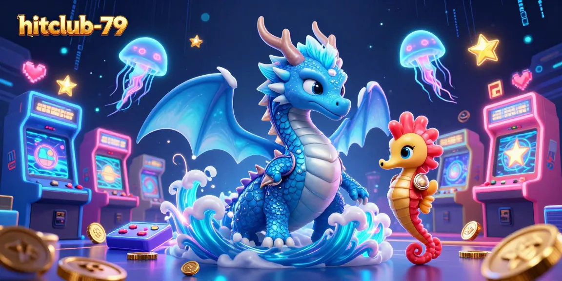 Engage in casino fun with hitclub-79, featuring a mystical dragon and glowing arcade games.