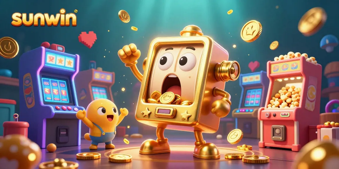 Experience the excitement of winning with sunwin's dynamic 3D illustration of a golden slot machine celebrating