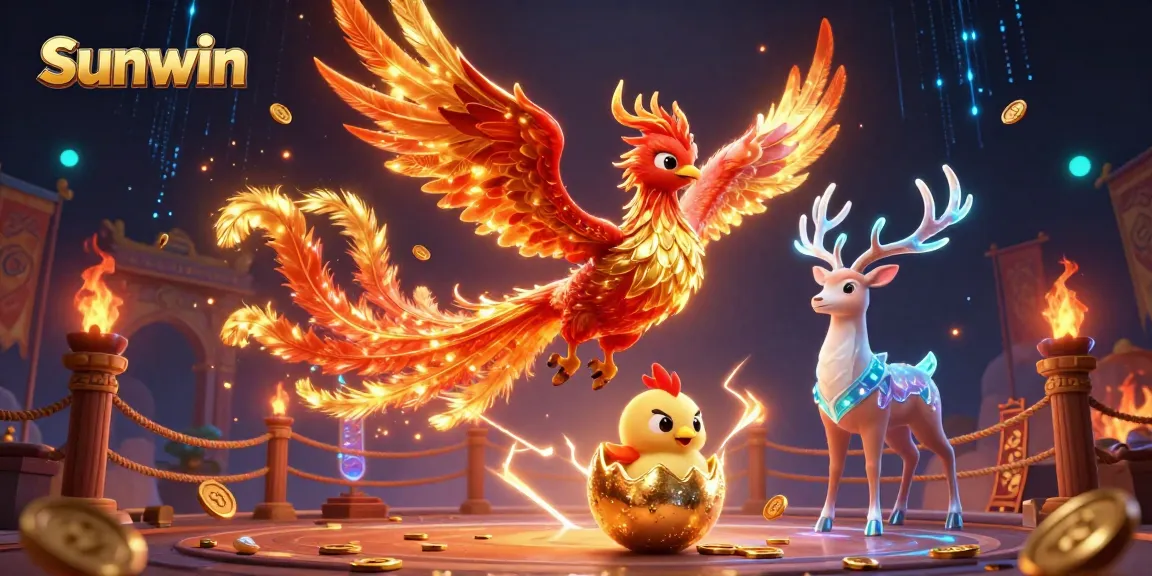 Experience the thrilling world of Sunwin as a mythical phoenix soars and gold coins scatter.